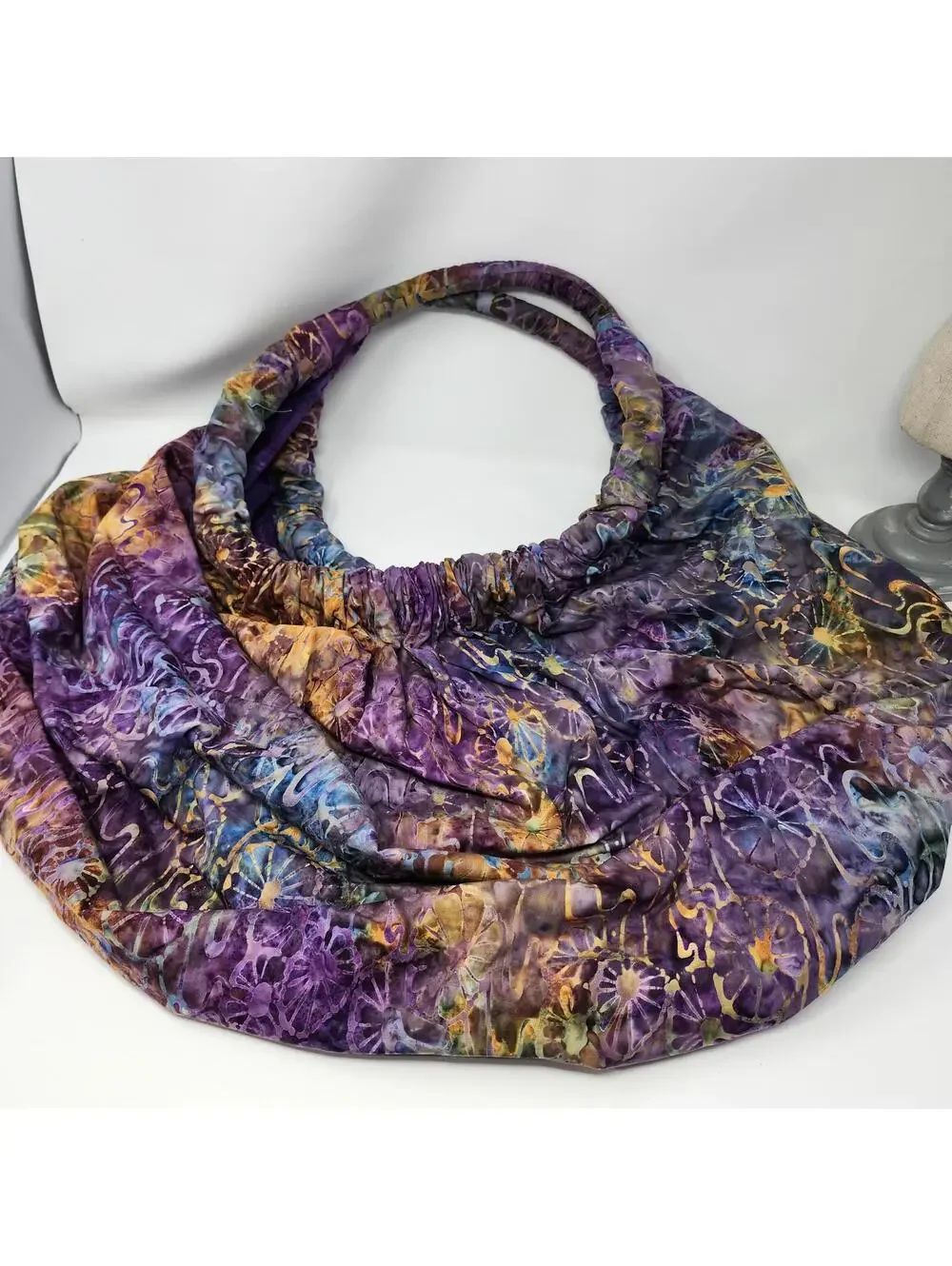 Handmade Batik Slouch Hobo Bag Oversized Round Tote Purple